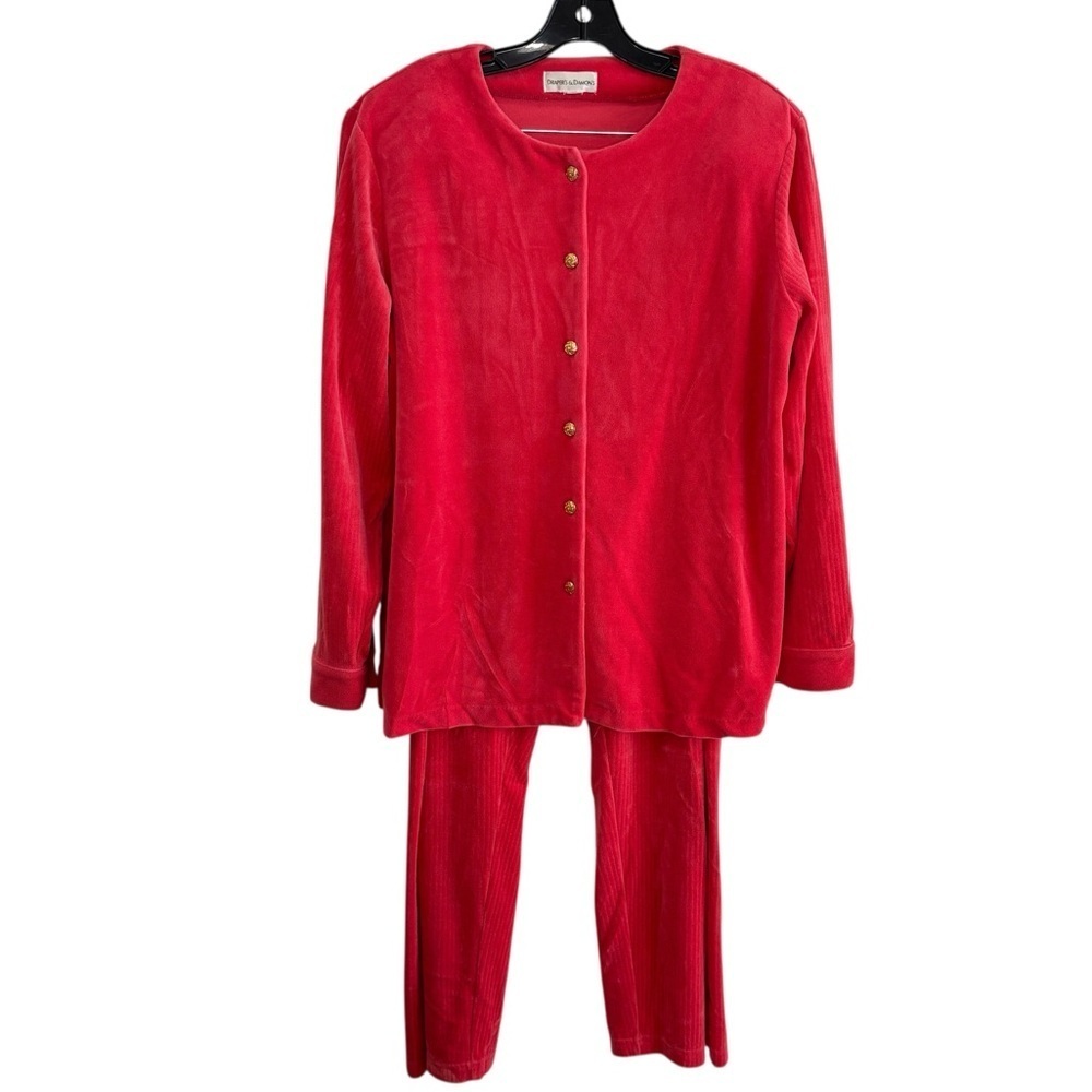 Drapers & Damons XL Coral Lounge Set Velour Gold Button Front Top Elastic Pants